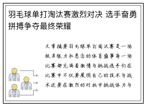羽毛球单打淘汰赛激烈对决 选手奋勇拼搏争夺最终荣耀