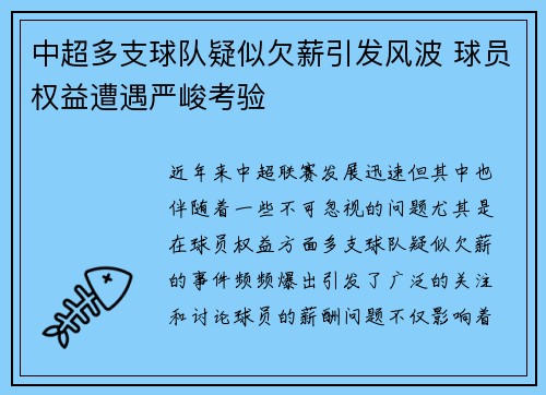 中超多支球队疑似欠薪引发风波 球员权益遭遇严峻考验