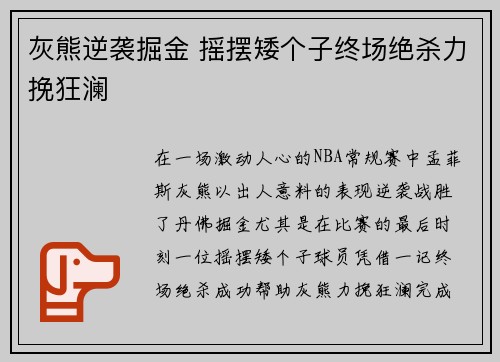 灰熊逆袭掘金 摇摆矮个子终场绝杀力挽狂澜
