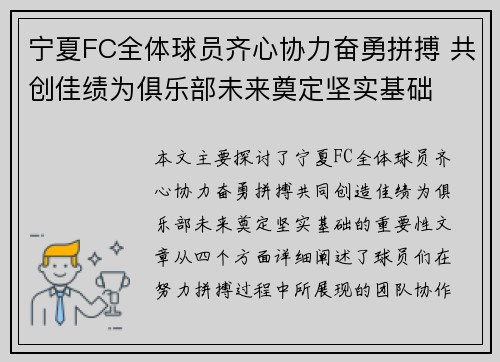 宁夏FC全体球员齐心协力奋勇拼搏 共创佳绩为俱乐部未来奠定坚实基础