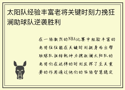 太阳队经验丰富老将关键时刻力挽狂澜助球队逆袭胜利