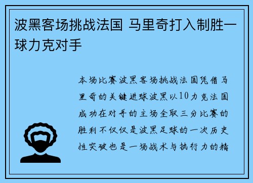 波黑客场挑战法国 马里奇打入制胜一球力克对手
