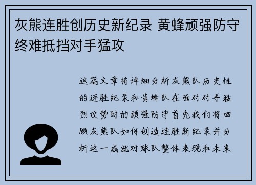 灰熊连胜创历史新纪录 黄蜂顽强防守终难抵挡对手猛攻