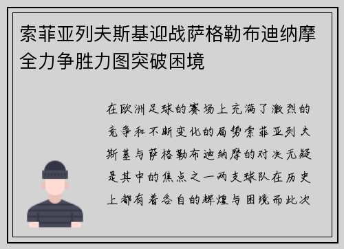 索菲亚列夫斯基迎战萨格勒布迪纳摩全力争胜力图突破困境