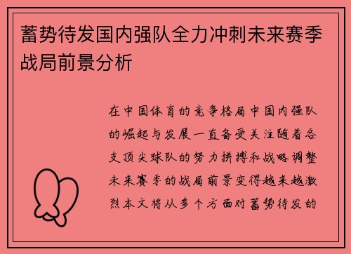 蓄势待发国内强队全力冲刺未来赛季战局前景分析