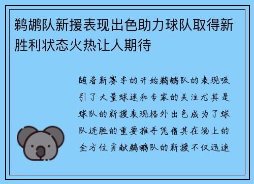 鹈鹕队新援表现出色助力球队取得新胜利状态火热让人期待